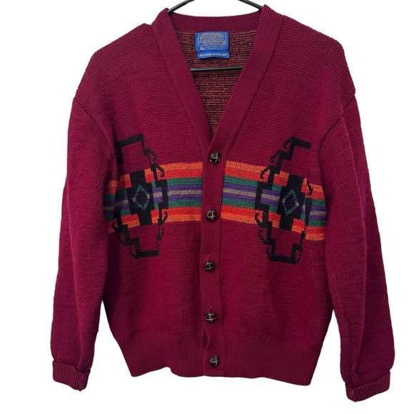 Pendleton Vintage Red Wool Cardigan Western Aztec Size Medium Sweater - Picture 14 of 14